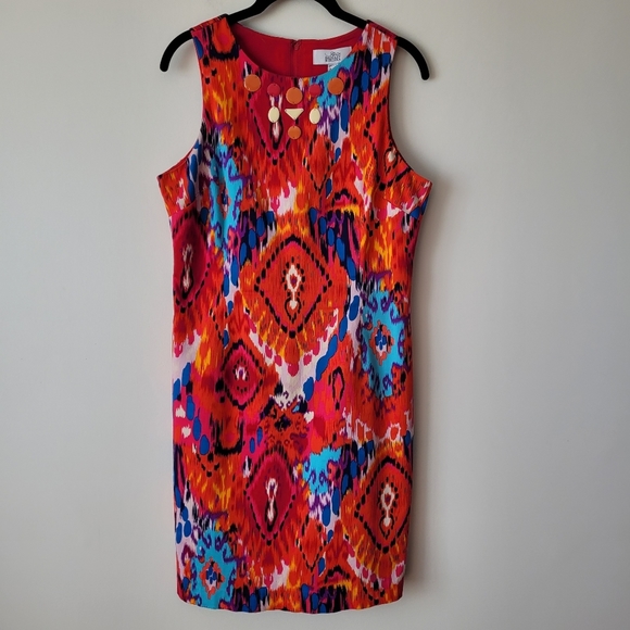 Belle Badgley Mischka Ikat Cotton Multi Color Sleeveless Sheath Dress Size 10 - Picture 15 of 15